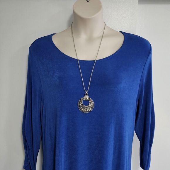 Chico's Travelers Size 3 (XL) Cobalt Blue Stretch Knit 3/4 Shirred Sleeve Tunic - Picture 2 of 5